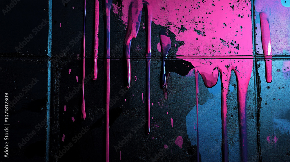 Fototapeta premium Vibrant pink paint dripping down a textured black wall in an urban art setting