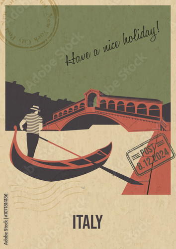 Italy Attraction Postcard, Venice Channel, Gondola Illustration, Vector Template Retro Style Greeting Card with handwriting wish. Postal Imprint, Aged Paper Texture