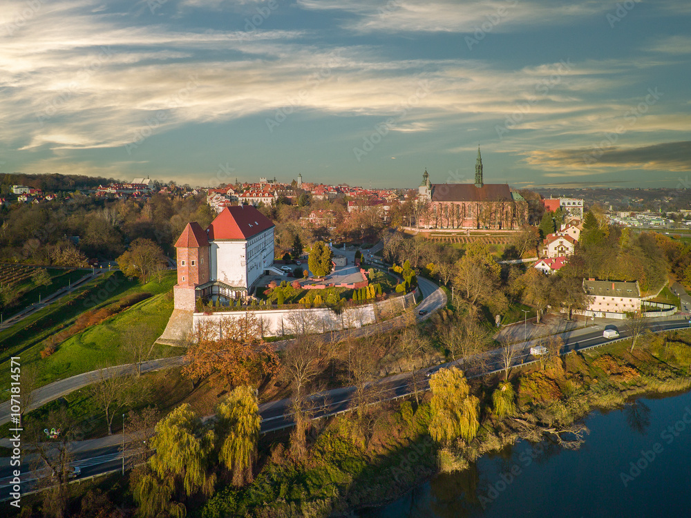 Sandomierz seen from above on an autumn morning, Poland.