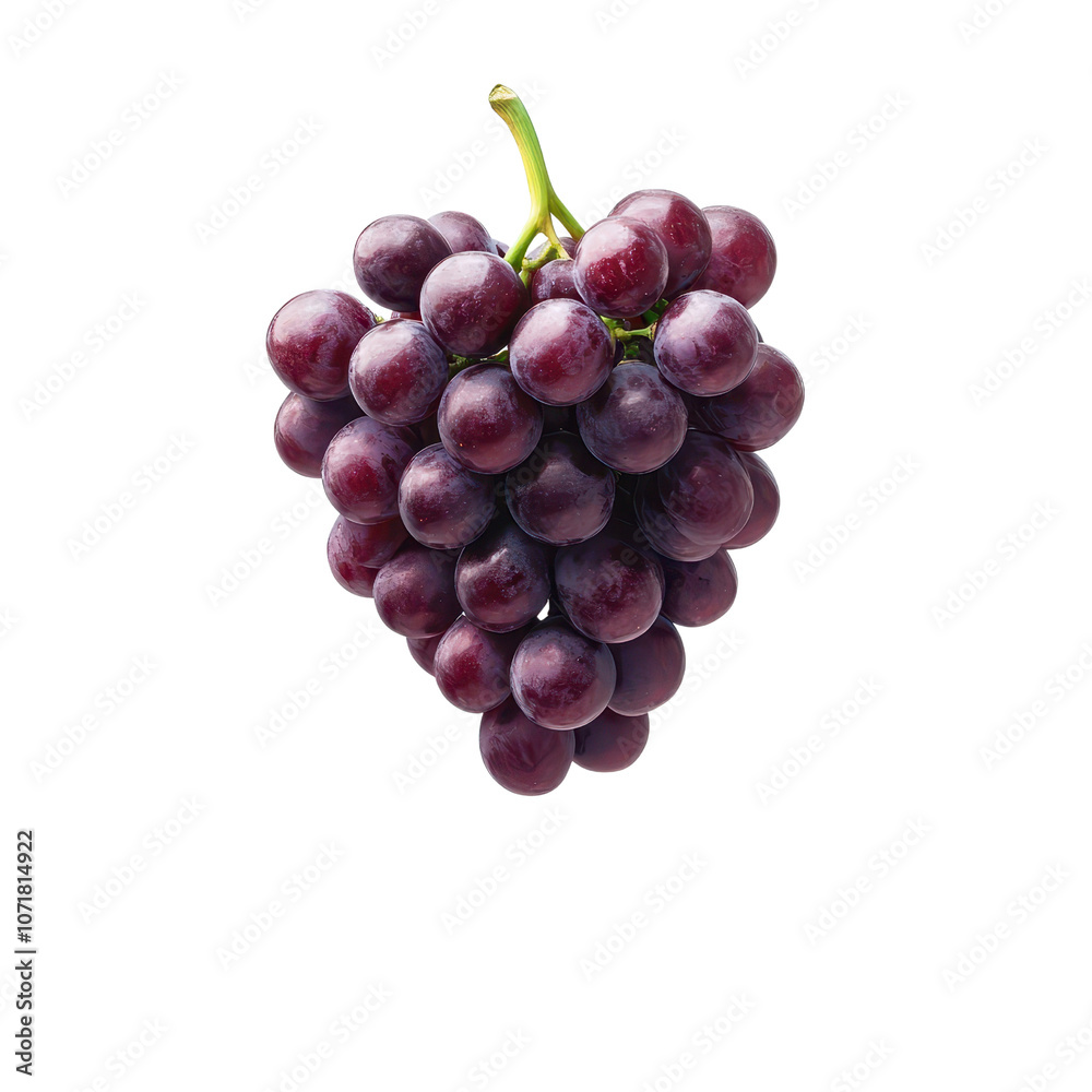 Fototapeta premium A cluster of ripe purple grapes, glistening with freshness, showcasing their round, plump shape and green stem., isolated on a transparent background.
