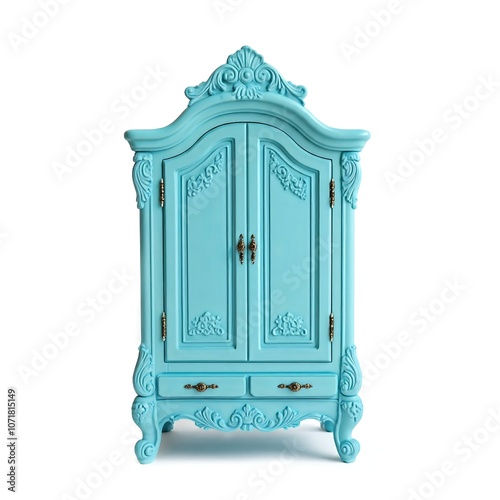 Blue antique wooden closet model toy isolated on white background, toy for kids, furniture home decoration design