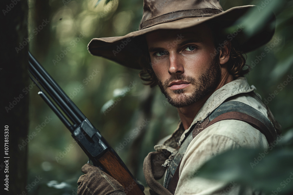 Fototapeta premium handsome young hunter with a gun in forest