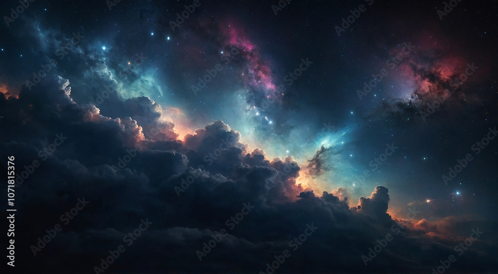 Fototapeta premium Dark space background with subtle bursts of colorful starlight and cosmic clouds
