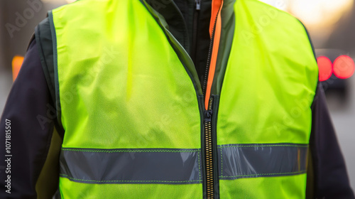 A bright green safety vest with reflective stripes and a zipper. This type of vest is worn by workers in traffic and other hazardous areas for safety.