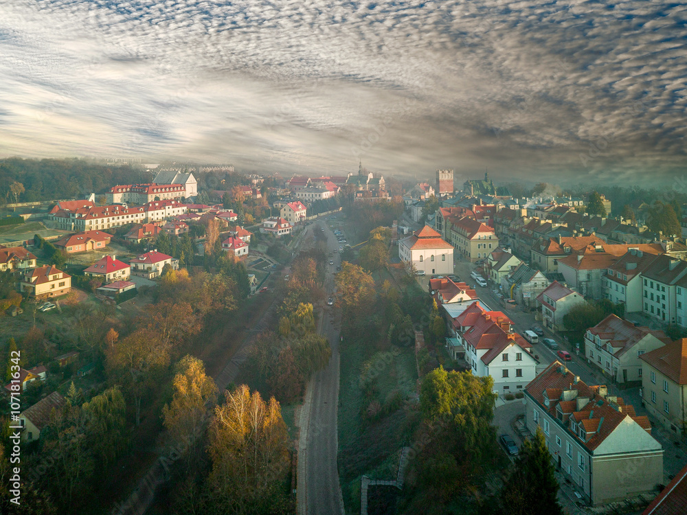 Sandomierz seen from above on an autumn morning, Poland.