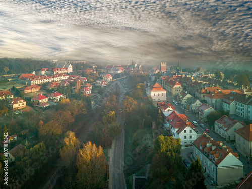 Sandomierz seen from above on an autumn morning, Poland.