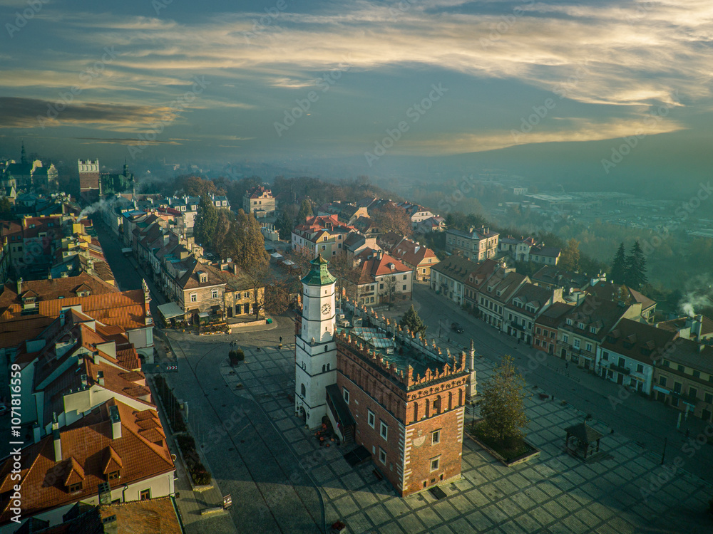 Sandomierz seen from above on an autumn morning, Poland.