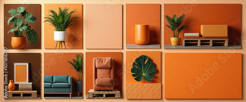 A collage of images featuring orange objects such as pumpkins, oranges, and a bottle of orange juice. Scene is warm and inviting, with the orange colors creating a sense of comfort and coziness