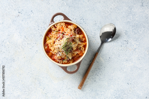 Bowl of pasta fagioli with cheese and thyme on white background photo