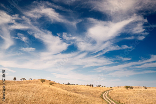 Scenic view of a hill in the desert, with a dramatic blue sky and soft cloudscape enhancing the natural beauty of the field