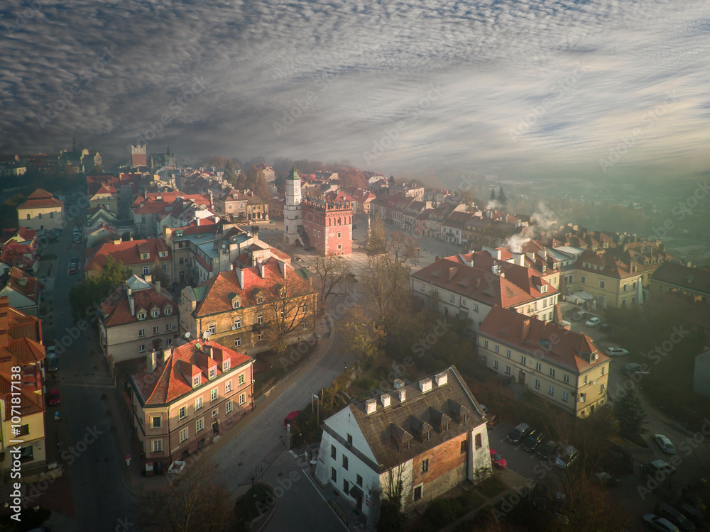 Sandomierz seen from above on an autumn morning, Poland.