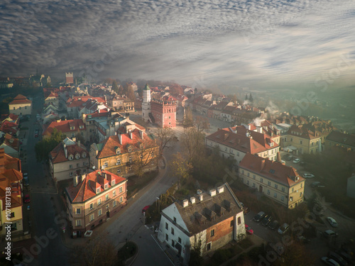 Sandomierz seen from above on an autumn morning, Poland.