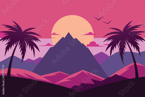 Silhouettes of palm trees and pink sun vector. palm trees and sunrise vector silhouette. tropical landscape and mountains black, very peri vector illustration