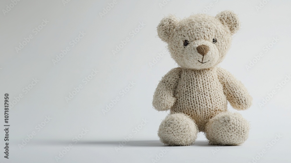 Obraz premium Adorable Handcrafted Teddy Bear Sitting Solo on a Clean White Background Perfect for Childhood Memories and Warm Nostalgia in Stock Photography