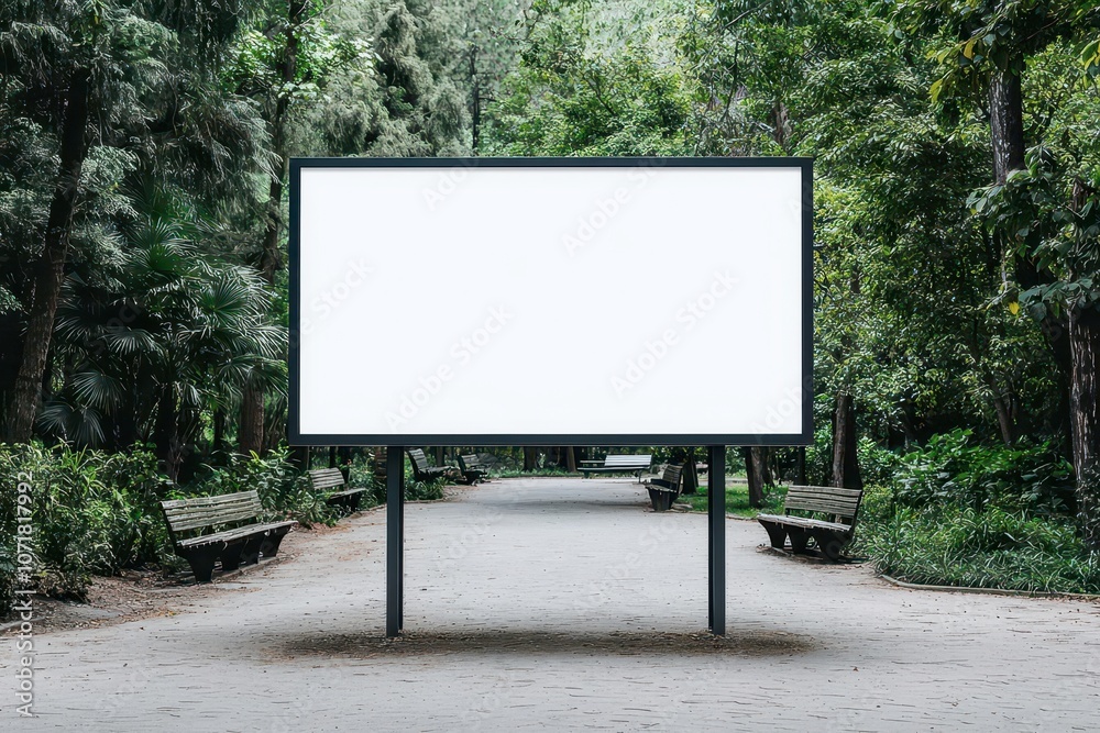 Fototapeta premium A blank billboard in a serene, green park setting, surrounded by trees and empty benches on a quiet pathway.