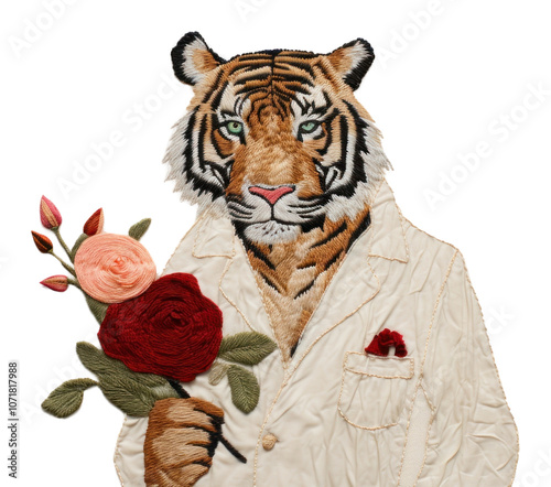 PNG Simple tiger wear cloth holding roses embroidery pattern animal. photo