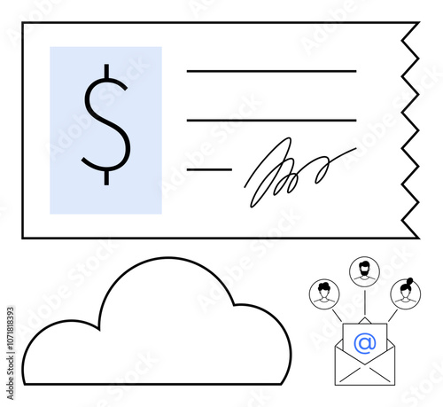 Check with dollar sign and signature, cloud storage icon, email envelope connecting to people icons. Ideal for online banking, digital payments, financial transactions, cloud services, email