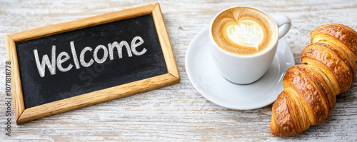 Welcome greeting with coffee and croissant, inviting atmosphere