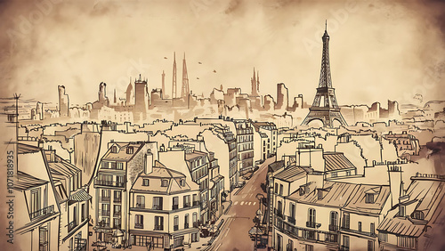 Sketch of Paris Skyline. Vector Art of the Paris Skyline: Iconic Landmarks and Timeless Beauty. photo