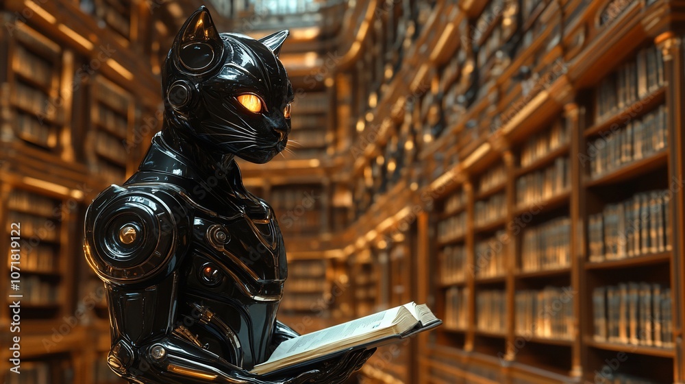 Fototapeta premium A black robotic cat reading a book in a library.