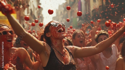 A woman is surrounded by people and is covered in red paint photo