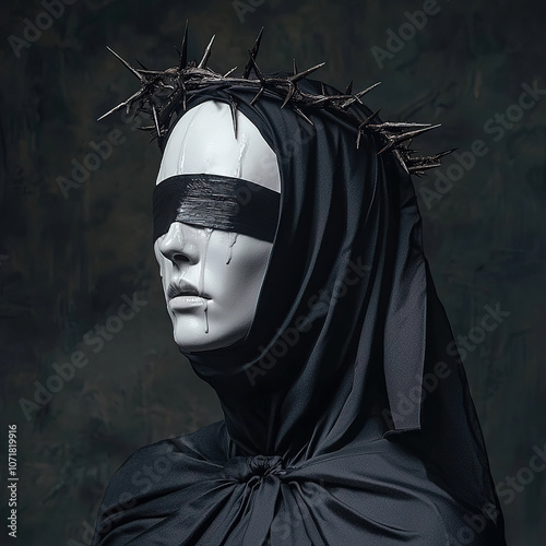 Woman in a black latex nun outfit with a white skin