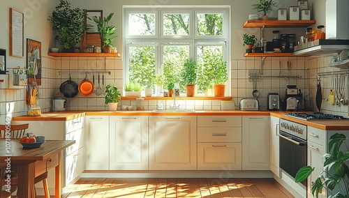 Empty kitchen with a window, white cabinets, and a countertop in a light orange color scheme. The scene is bright and cheerful, with pastel colors.
