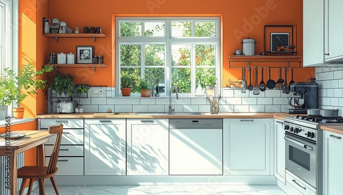 empty kitchen with a window, white cabinets, and a countertop in a light orange color scheme. 