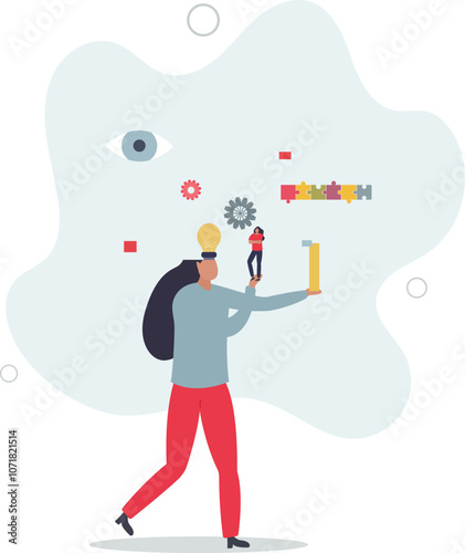 Inner mental intelligence and logic process visualization.Mind thinking and creative thoughts awareness.flat characters.