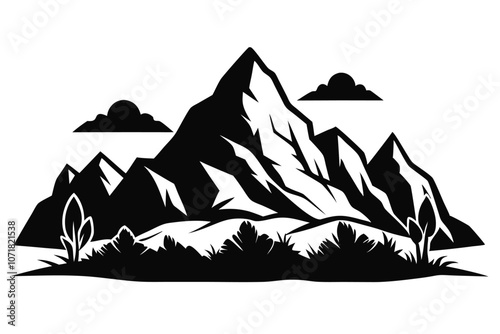 Silhouette of mountains. Black and white vector of the contour of the hills. Vector of stones, terrain, relief, Design element