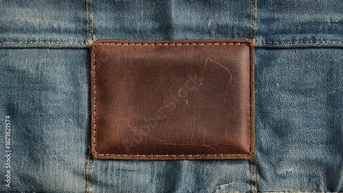 Detailed leather label with stitching on jeans fabric, showcasing texture