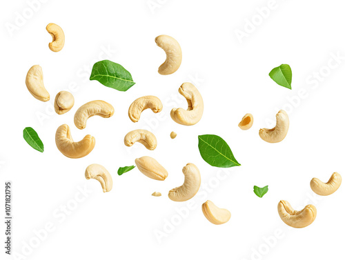 a group of cashew nuts with leaves