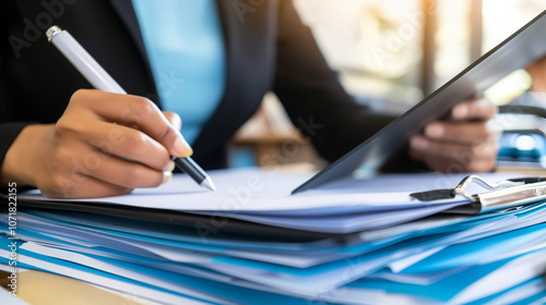 Diligent HR Manager Reviewing Complaints in Organized Office, Highlighting Fairness in Conflict Resolution