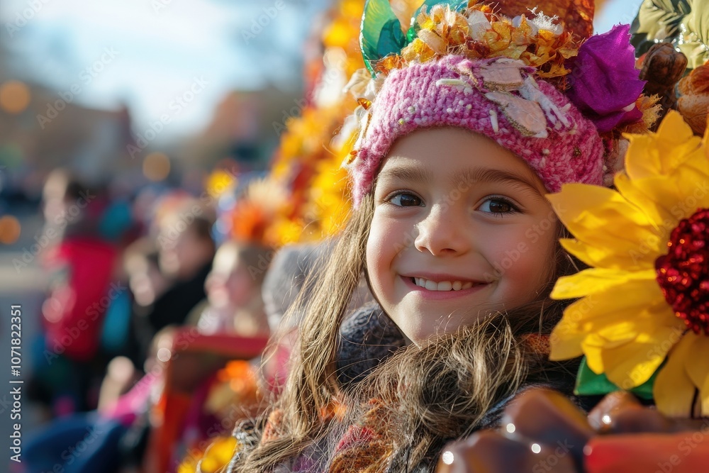 Fototapeta premium Thanksgiving Parade, A smiling girl wearing a colorful hat adorned with flowers sits among cheerful decorations during a festive outdoor event.