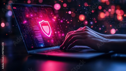 A person is typing on a laptop with a red shield on the screen. Concept of security and protection, as the shield is a symbol of safety