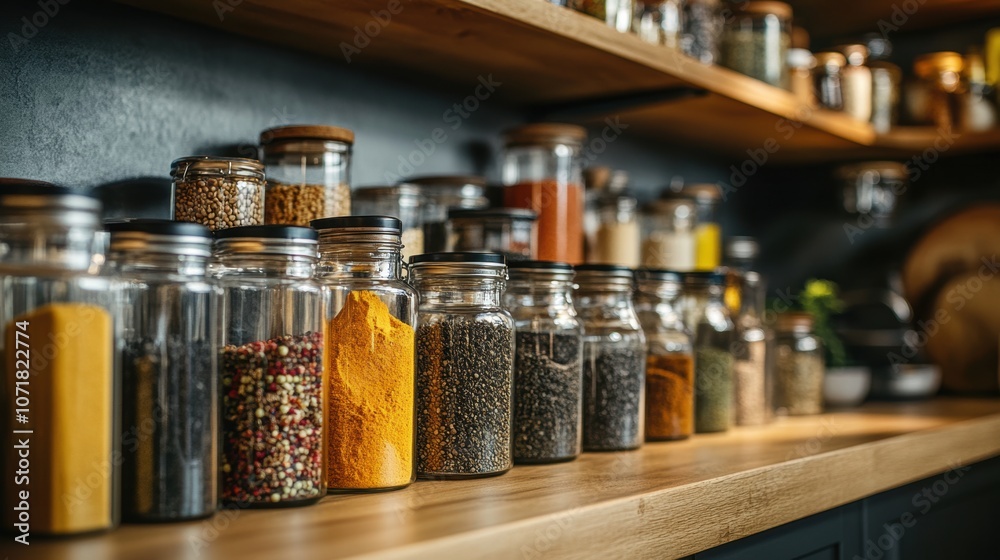 Spice Jars on Shelf. Spice Jars on Shelf.