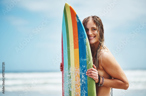 Canvas Print Surfboard, woman and beach with sun, thinking and sea with surfing exercise in bikini
