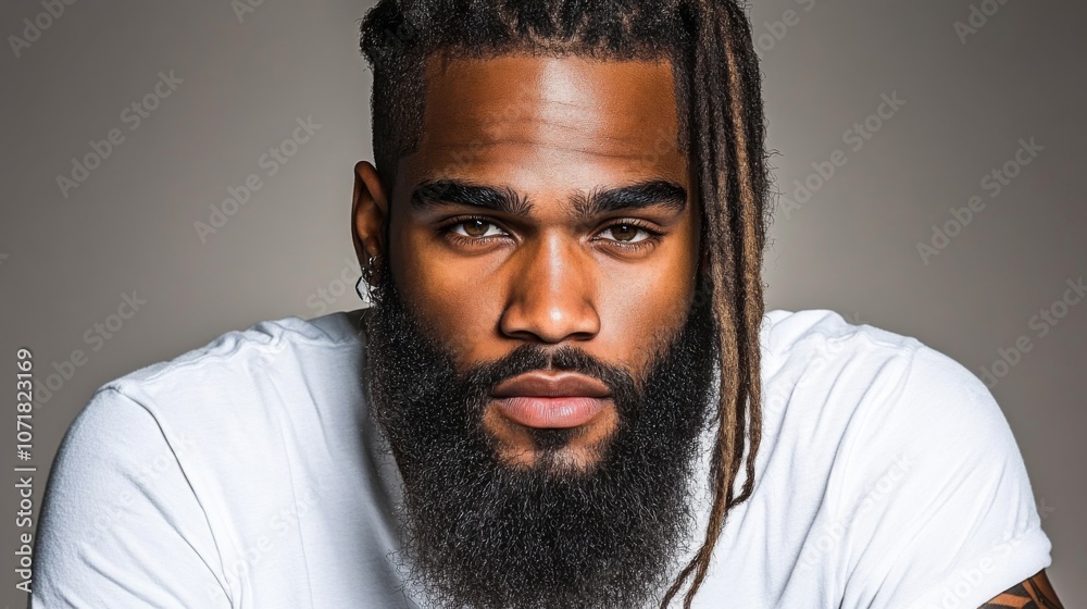 Fototapeta premium A young man with long dreadlocks and a full beard poses confidently in a studio setting with soft lighting