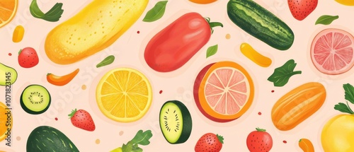 Wallpaper Mural Colorful assortment of fruits and vegetables on a pastel background. Torontodigital.ca