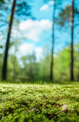 A close-up of green moss growing in a forest on a sunny day. The background features tall, blurry pine trees and a bright blue sky