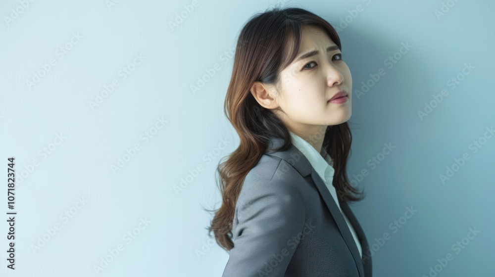 Fototapeta premium asian businesswoman side view boss manager serious stress worry look at the camera copy space white wall background