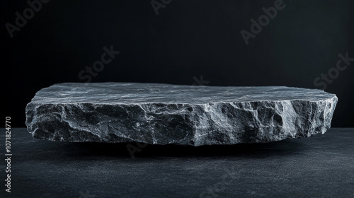 A flat, textured black stone slab resting on a dark surface in a minimalist setting photo