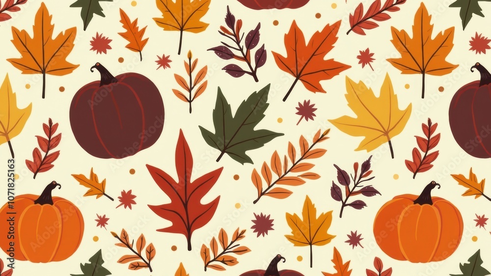 Naklejka premium A colorful array of autumn leaves in various shades surrounds pumpkins, conveying the essence of fall. The warm colors suggest seasonal festivities and harvest time Thanksgiving day concept