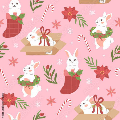 Seamless Winter Christmas pattern of bunny or rabbit animals cute vector illustration photo