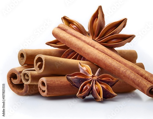 Cinnamon and star anise on isolated white background