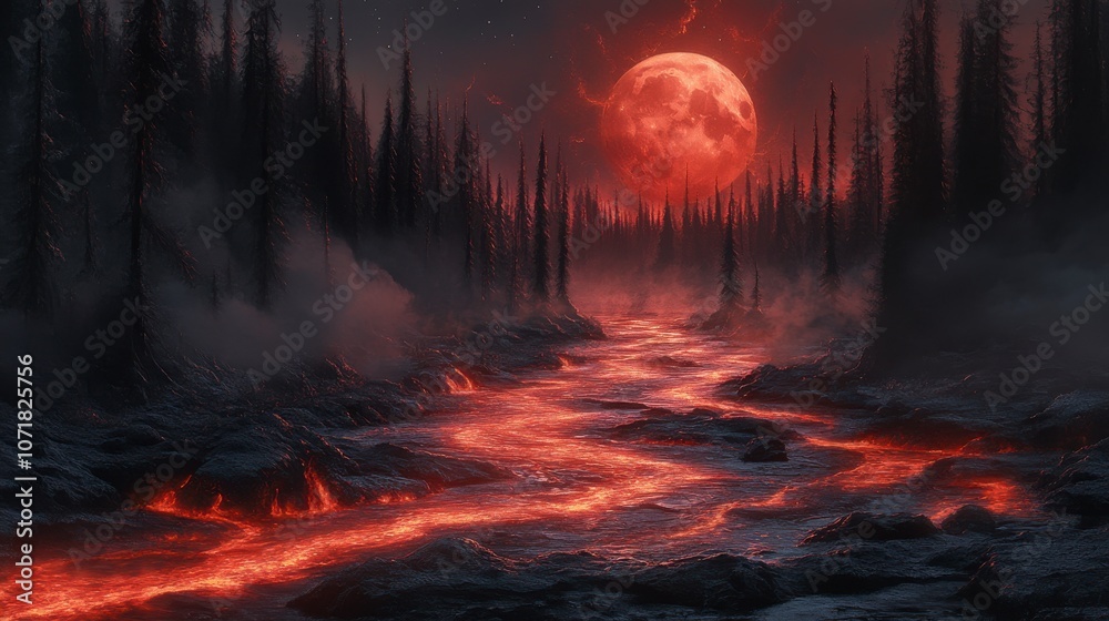 Fiery River Under Red Moon Fiery River Under Red Moon