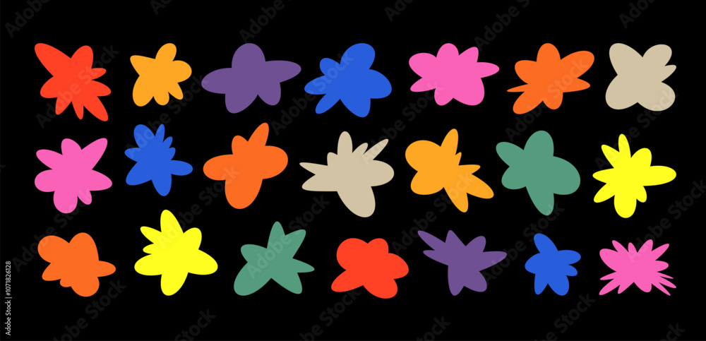 Abstract flower icon set. Vector quirky funky shape elements. contemporary colorful Y2K shapes. Free form sticker design elements. Liquid vibrant flowers on black background. Organic freeform pattern