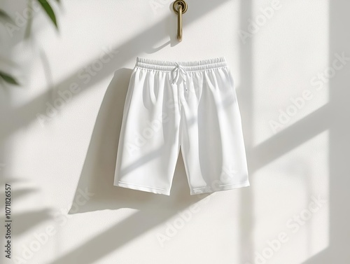 Blank men s swim trunks, 34 view hanging from a hook, subtle shadows on neutral background, perfect for branding photo