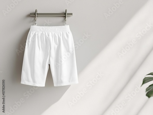 Blank men s swim trunks, 34 view hanging from a hook, subtle shadows on neutral background, perfect for branding photo