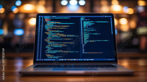 A futuristic, blue, pixelated design on a laptop screen represents programming code. It symbolizes software development and digital coding in a modern, tech-focused style.